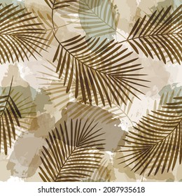 Watercolor Tropical Pattern, Palm Leaves Seamless Vector Background. Exotic Plant On Brown Stains Jungle Print. Leaves Of Palm Tree, Brush Texture