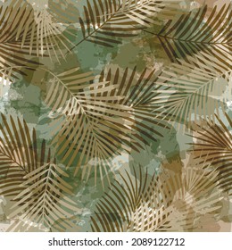 Watercolor tropical pattern, palm leaves seamless vector background. Exotic plant on brown stains jungle print. Leaves of palm tree, brush texture