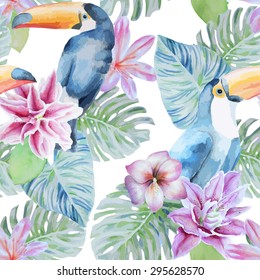 Watercolor tropical pattern with toucans, flowers and leaves.