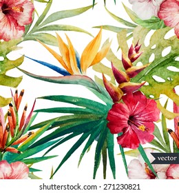 watercolor, tropical, pattern, wallpaper, background, Strelitzia, gibiskuss, palm leaves, flowers