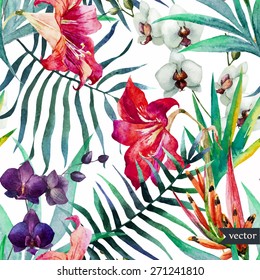 watercolor, tropical, pattern, wallpaper, background, birds of paradise, orchids, lilies, palm leaves, flowers