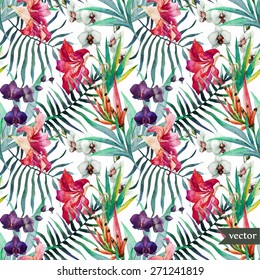 watercolor, tropical, pattern, wallpaper, background, orchids, lilies, palm leaves, flowers,Strelitzia