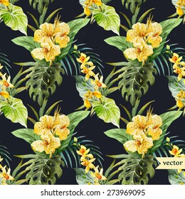 watercolor tropical pattern with yellow orchids