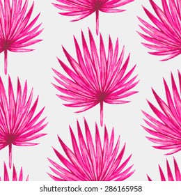 Watercolor tropical pink palm leaves seamless pattern. Vector illustration.