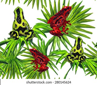 Watercolor Tropical Seamless pattern on white background. Tropical Frogs & Green Palm Leaves. Watercolor texture. Cloth & rug design. Red, Green & White vector backdrop. 