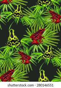 Watercolor Tropical Seamless pattern on dark green background. Tropical Frogs & Green Palm Leaves. Watercolor texture. Cloth & rug design. Red & Green vector backdrop. 