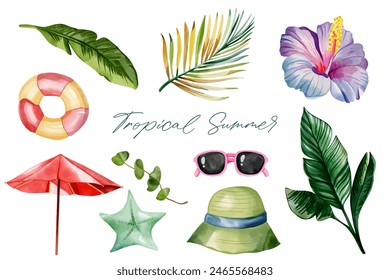 Watercolor tropical set. Hand drawn summertime clipart. Summer elements. Exotic flower. Palm leaves.