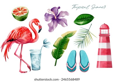 Watercolor tropical set. Hand drawn summertime clipart. Summer elements. Flamingo. Palm leaves.