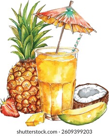 Watercolor tropical smoothie illustration. Mango, pineapple, coconut blend in glass with umbrella