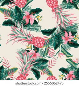 watercolor tropical summer, men resort print seamless pattern, pink, green, hibiscus, aloha, pineapple, hand brushed, background, illustration, repeat print textile, clothing. not ai