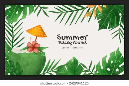 Watercolor tropical summer season banner background template