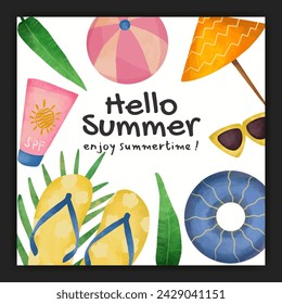 Watercolor tropical summer season social media post template
