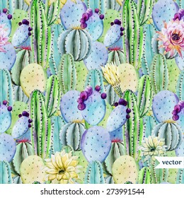 watercolor tropical vector pattern with cactus