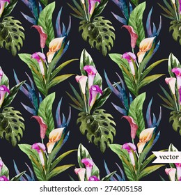 watercolor tropical vector pattern with calla lilies and Strelitzia, palm leaves