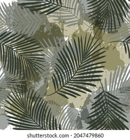 Watercolor tropical vector pattern, palm leaves  seamless background. Exotic plant on stains artistic jungle print. Leaves of palm tree