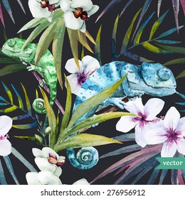 watercolor tropical vector pattern with two chameleons on a dark background