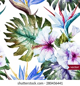 patrón vectorial tropical acuarela, hibisco blanco