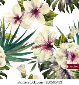 watercolor tropical vector pattern, white background