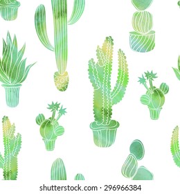 Watercolor tropical vector pattern with white background. Cactus
