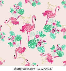 Watercolor tropical vibes flamingo pattern. Vector seamless background with exotic birds. Wild nature decoration on white backdrop. Colorful hand drawn illustration of pink flamingo and tropic leaves.