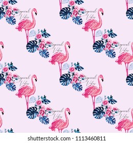 Watercolor tropical vibes flamingo pattern. Vector seamless background with exotic birds. Wild nature decoration on white backdrop. Colorful hand drawn illustration of pink flamingo and tropic leaves.