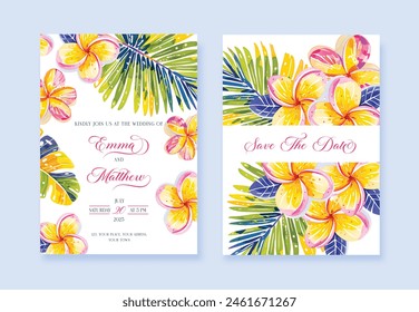 Watercolor Tropical Wedding Invitation vector template.