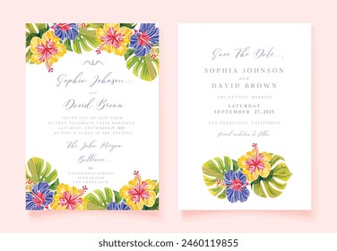 Watercolor tropical wedding invite vector