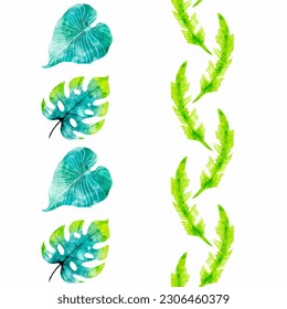 Watercolor Tropicals Leaves Vector Isolated Vertical Seamless Borders Set