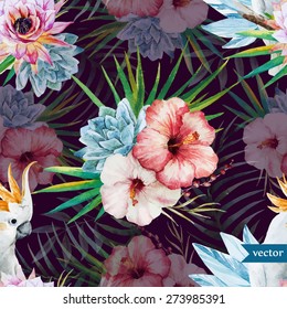 watercolor tropichessky  pattern with hibiscus and palm leaves with a parrot on a dark background