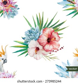 watercolor tropichessky pattern with hibiscus and parrot