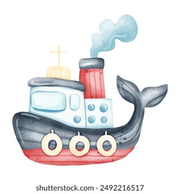 Watercolor Tugboat with Whale Tail