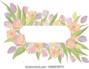 Watercolor Tulip Floral rectangular frame for invitations greeting cards vector artwork