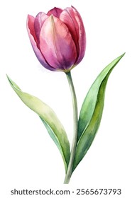 Watercolor tulip illustration, vibrant pink petals, green leaves, floral design, botanical art, nature theme.