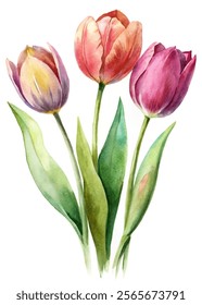 Watercolor tulips, vibrant colors, floral arrangement, nature illustration, artistic design, spring flowers, botanical art.