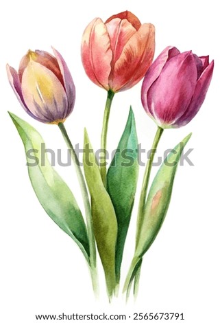 Watercolor tulips, vibrant colors, floral arrangement, nature illustration, artistic design, spring flowers, botanical art.