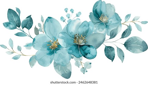 watercolor turquoise flowers illustration in vintage style on white background, greeting card, wedding poster, invite template.