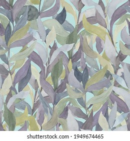 watercolor twigs with leaves of different colors on a colored background vector seamless pattern. Living wall of plants, hedge of climbing leaves and branches