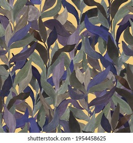 watercolor twigs with leaves of different colors on a colored background vector seamless pattern. Living wall of plants, hedge of climbing leaves and branches