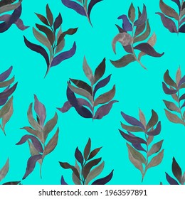 watercolor twigs with leaves of different colors on a colored  background vector seamless pattern