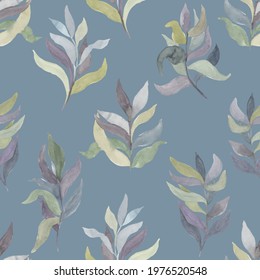 watercolor twigs with leaves of different colors on a colored  background vector seamless pattern