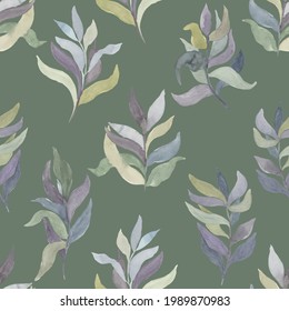 watercolor twigs with leaves of different colors on a colored  background vector seamless pattern