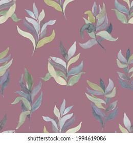 watercolor twigs with leaves of different colors on a colored  background vector seamless pattern