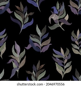 watercolor twigs with leaves of different colors on a colored  background vector seamless pattern