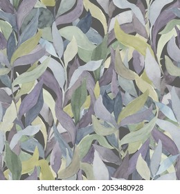 watercolor twigs with leaves of different colors on a colored background vector seamless pattern. Living wall of plants, hedge of climbing leaves and branches
