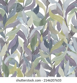 watercolor twigs with leaves of different colors on a colored background vector seamless pattern. Living wall of plants, hedge of climbing leaves and branches