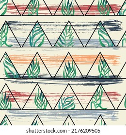 Aquarellfarbendungen mit Blättern in Dreiecksrahmen auf dem Hintergrund von Texturstreifen mit geometrischen Vektormustern