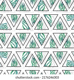 watercolor twigs with leaves in triangles frames geometric vector seamless pattern