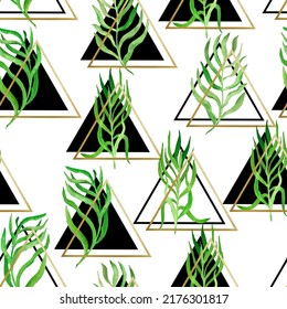 watercolor twigs with leaves in triangles frames geometric vector seamless pattern