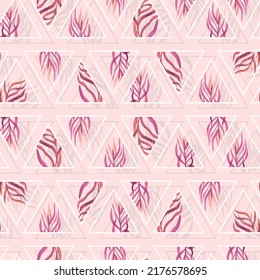 watercolor twigs with leaves in triangles frames geometric vector seamless pattern