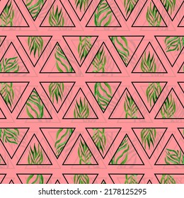 watercolor twigs with leaves in triangles frames geometric vector seamless pattern